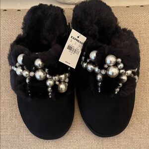 Express Black Faux Fur Slippers with Silver Pearl Embellishments